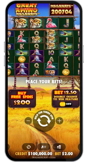 Great Rhino Megaways betting panel showing Buy Free Spins, bet size selector, and turbo spin option