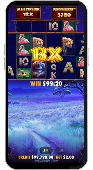 Great Rhino Megaways free spins round active with a 13x multiplier displayed on the reels and a big win