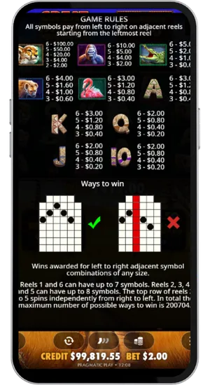 Great Rhino Megaways full paytable showing symbol payouts, ways to win, and reel configuration rules
