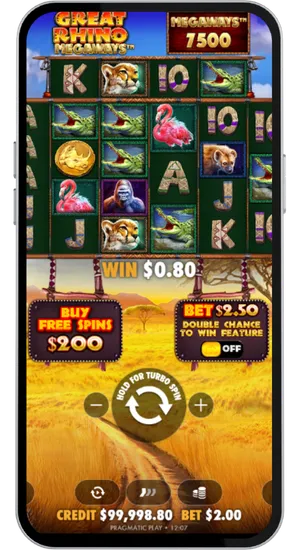 Great Rhino Megaways base game spin showing a small win with betting controls and credit balance visible